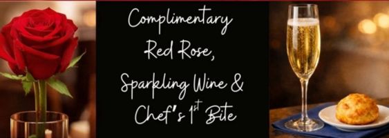 Every table begins the evening with a single red rose, a complimentary glass of sparkling wine, and a first bite from the kitchen.